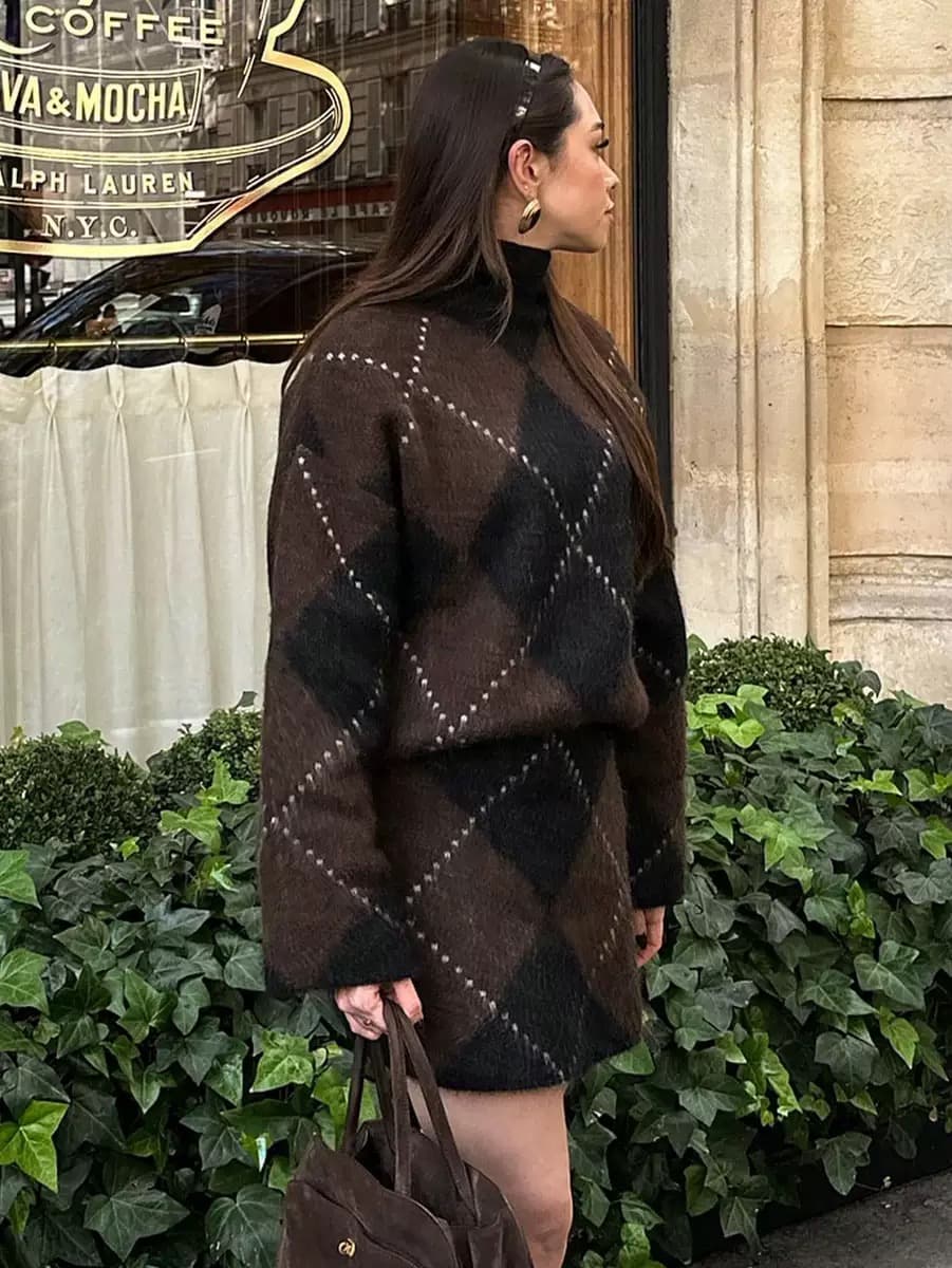 Argyle Knit Sweater And Skirt Set