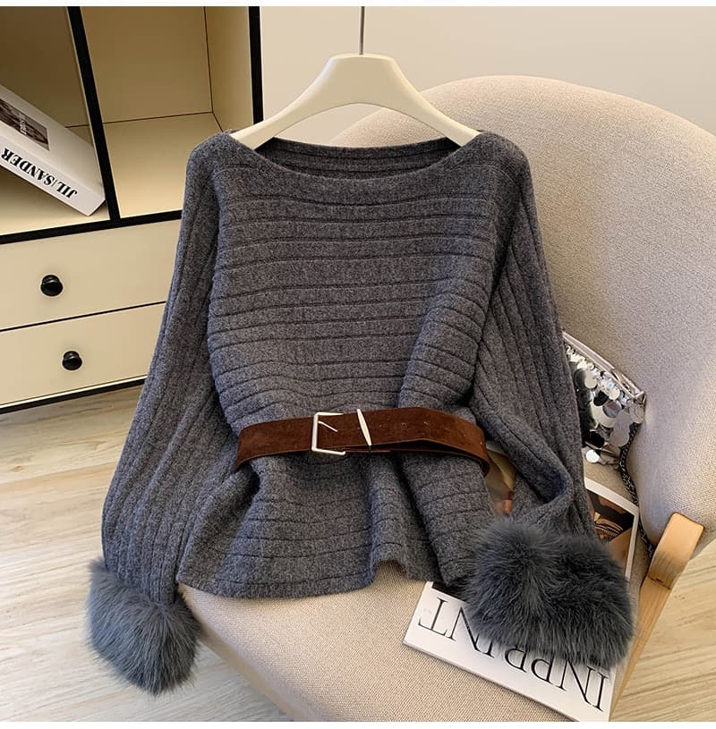Ribbed Knit Sweater With Faux Fur – image 2