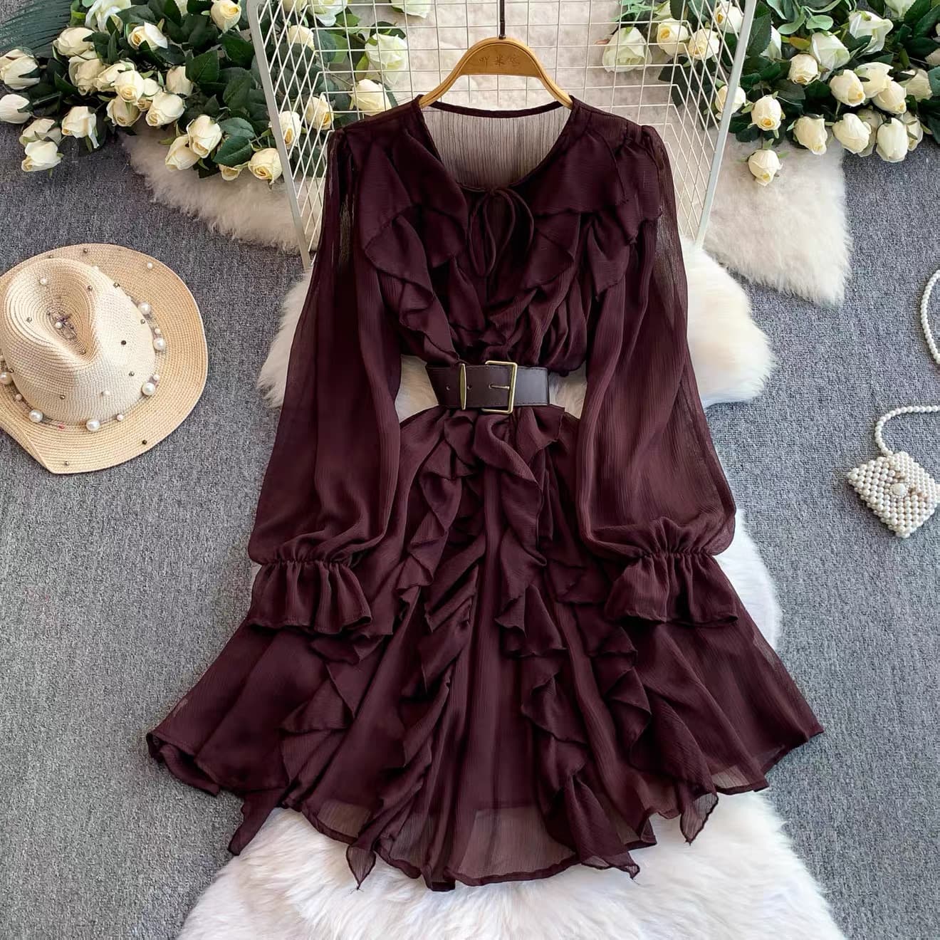 Ruffled Chiffon Belted Mini Dress – image 2