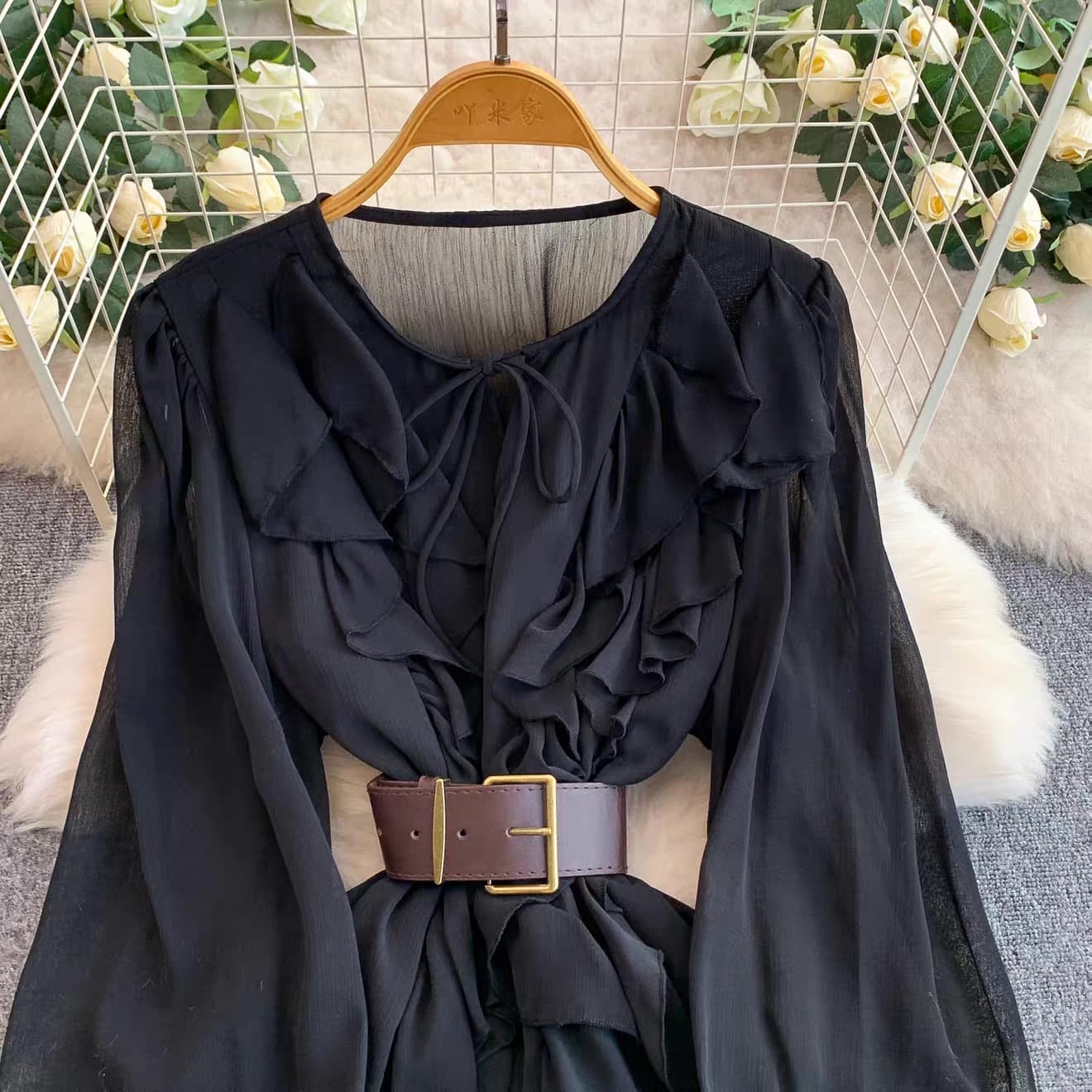Ruffled Chiffon Belted Mini Dress – image 6