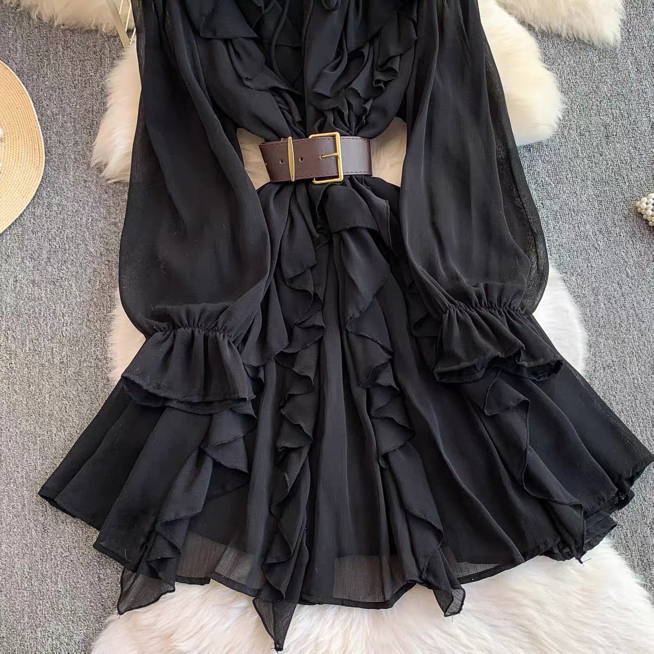 Ruffled Chiffon Belted Mini Dress – image 7