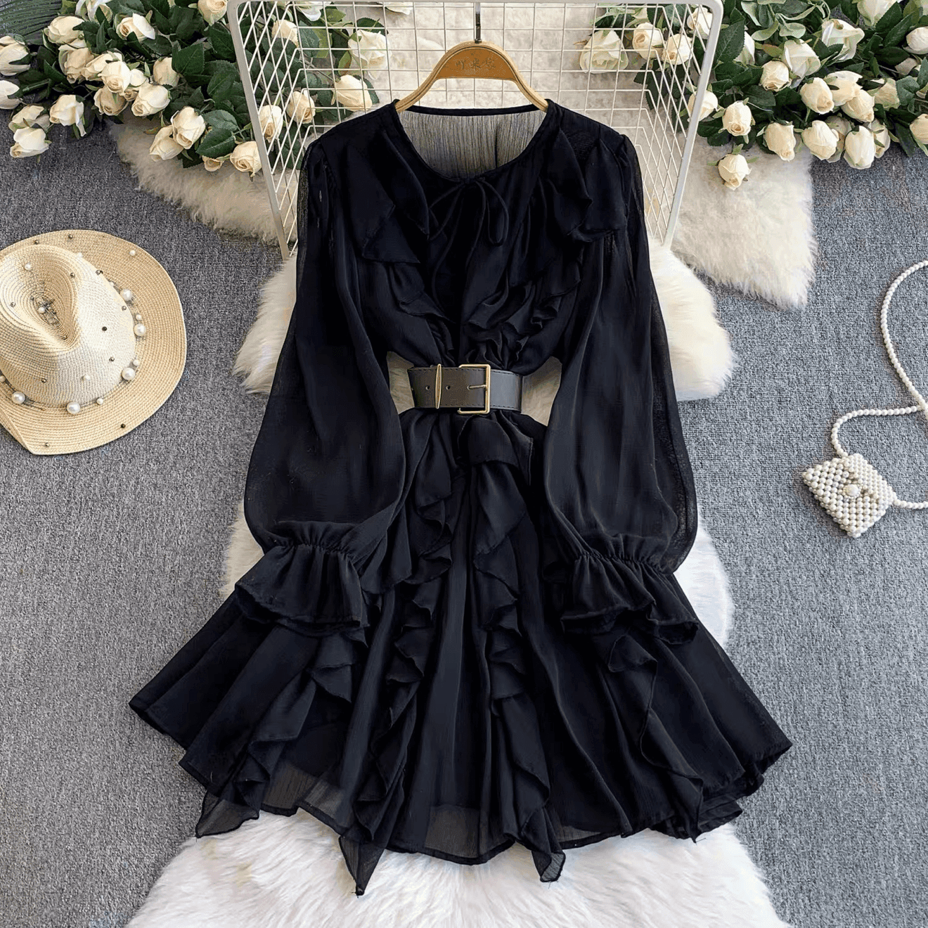Ruffled Chiffon Belted Mini Dress