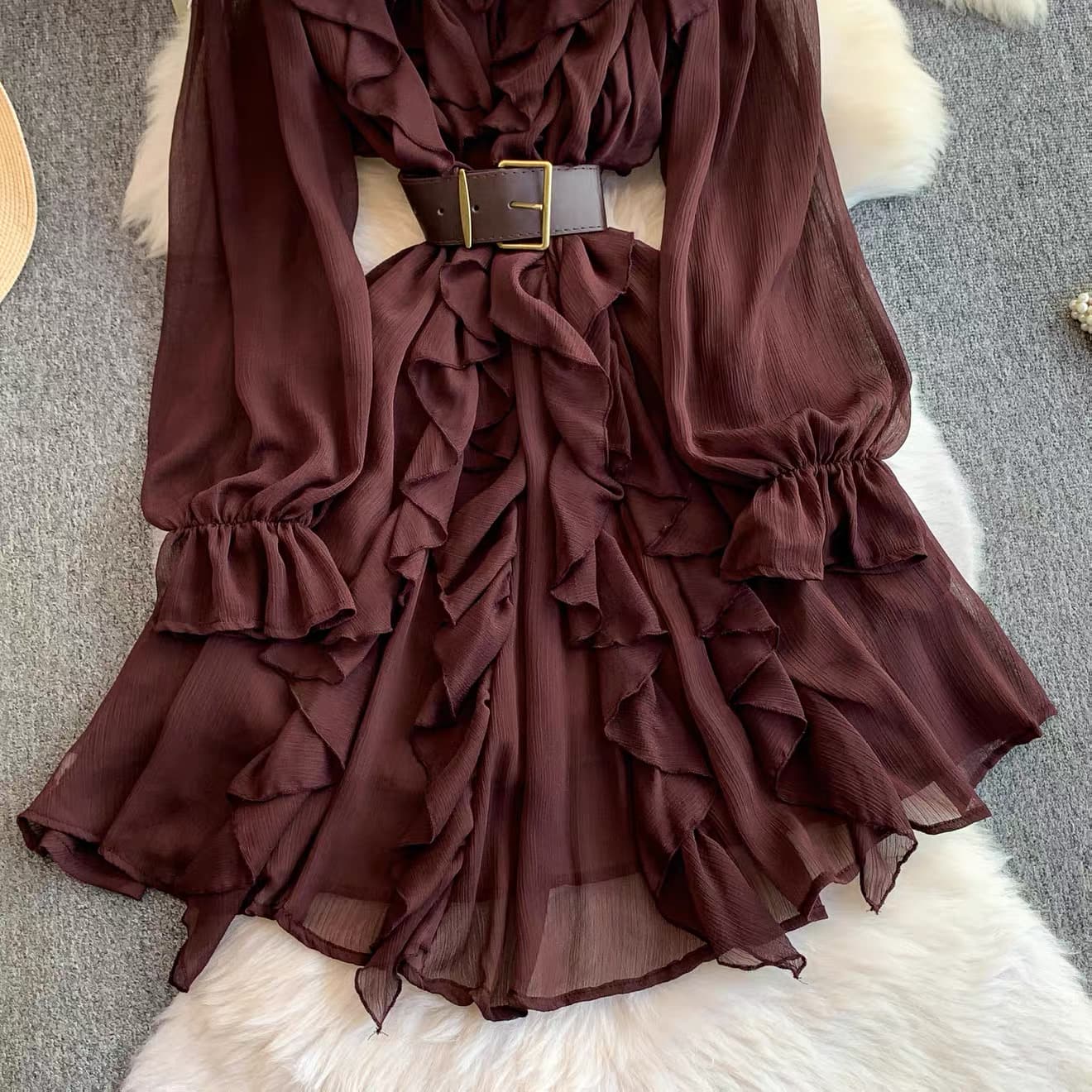 Ruffled Chiffon Belted Mini Dress – image 5