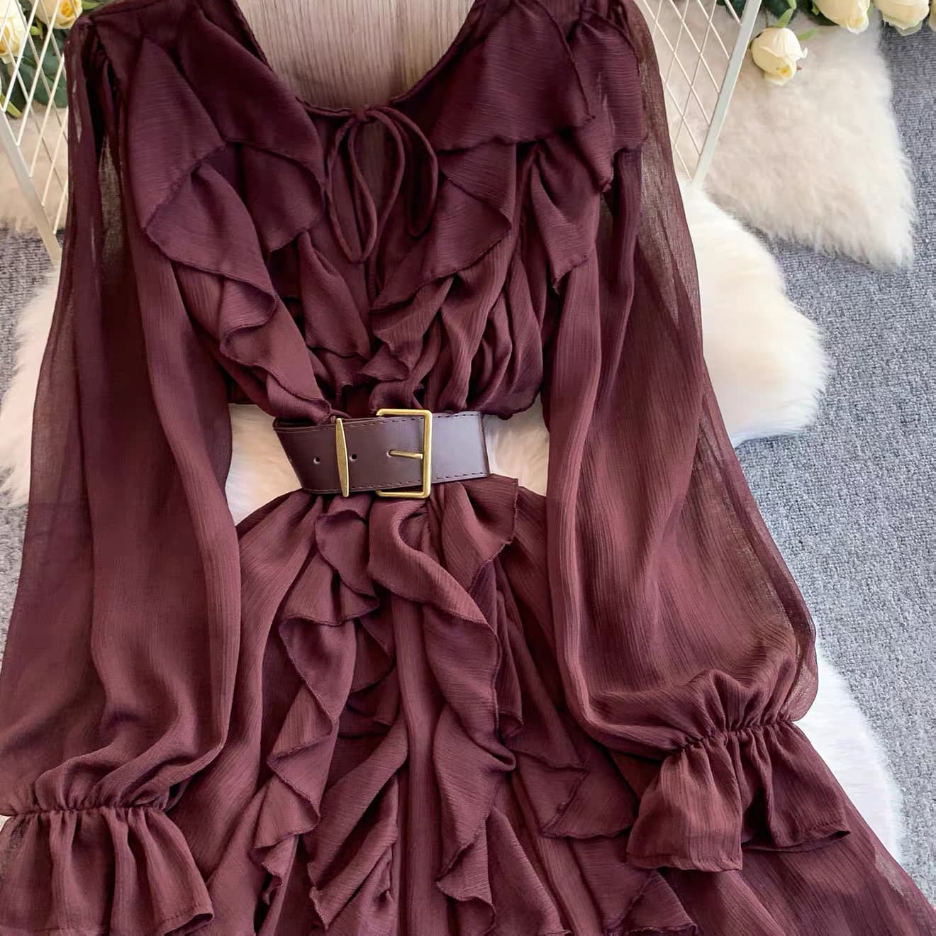 Ruffled Chiffon Belted Mini Dress – image 4