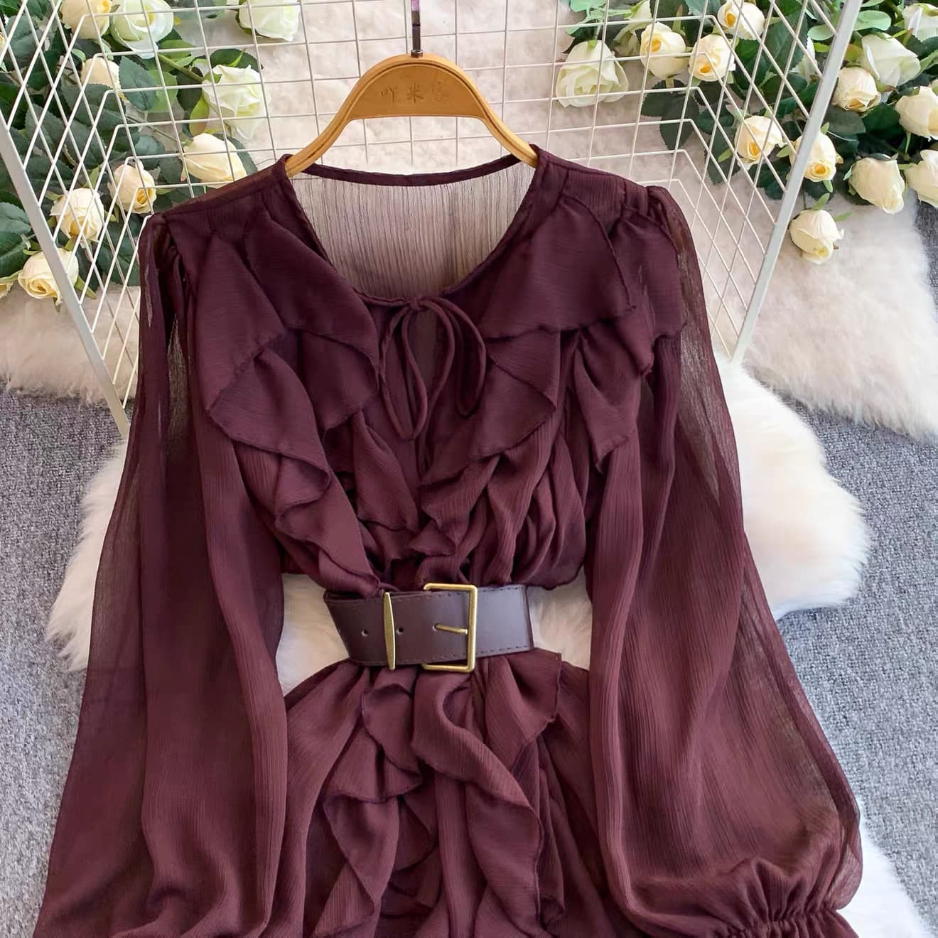 Ruffled Chiffon Belted Mini Dress – image 3