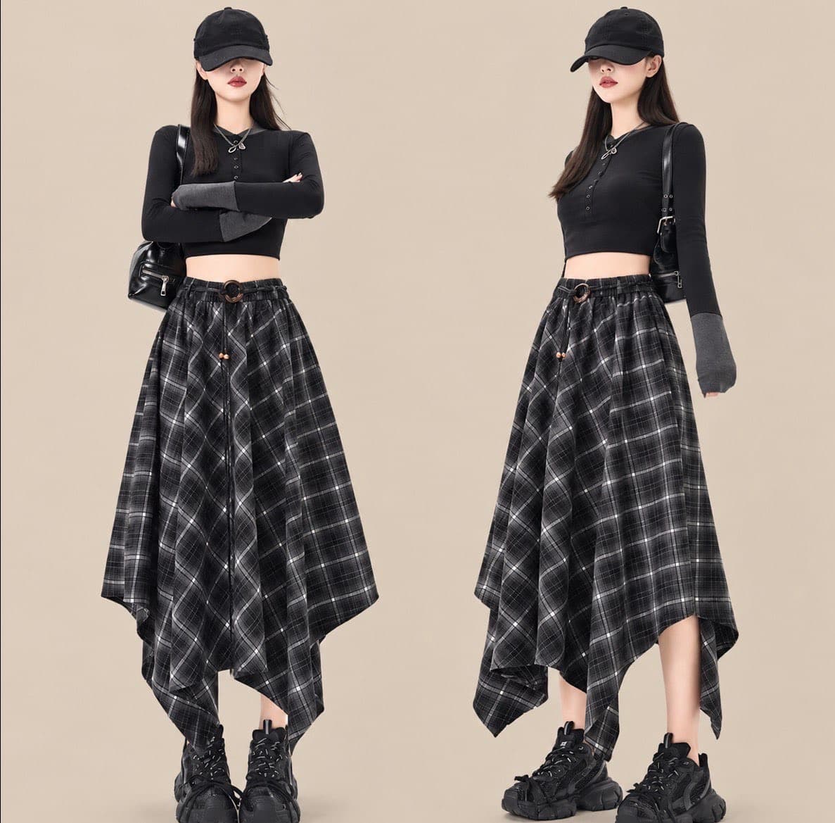 Plaid Asymmetric Hem Midi Skirt – image 4