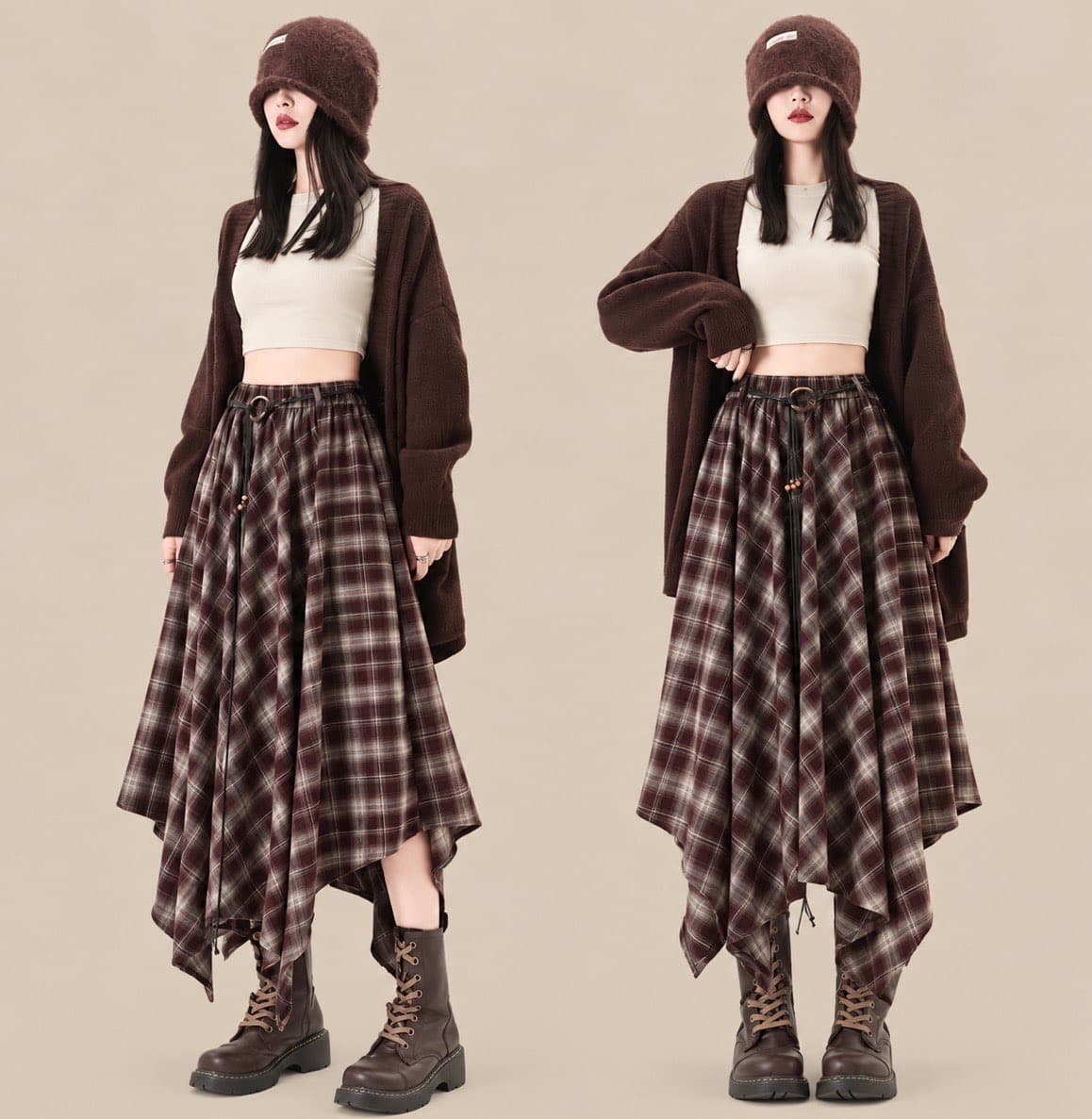 Plaid Asymmetric Hem Midi Skirt – image 2