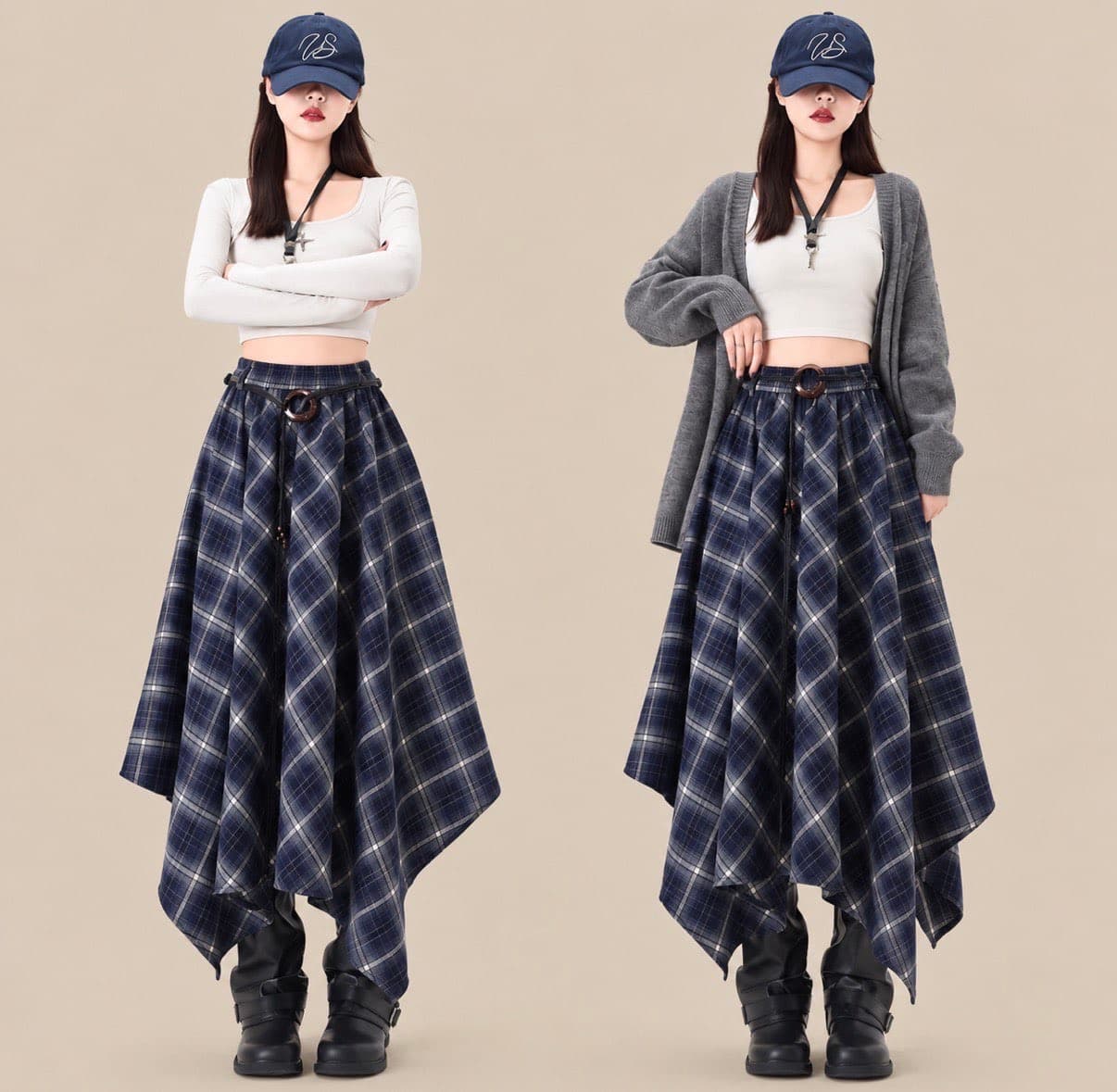 Plaid Asymmetric Hem Midi Skirt – image 3