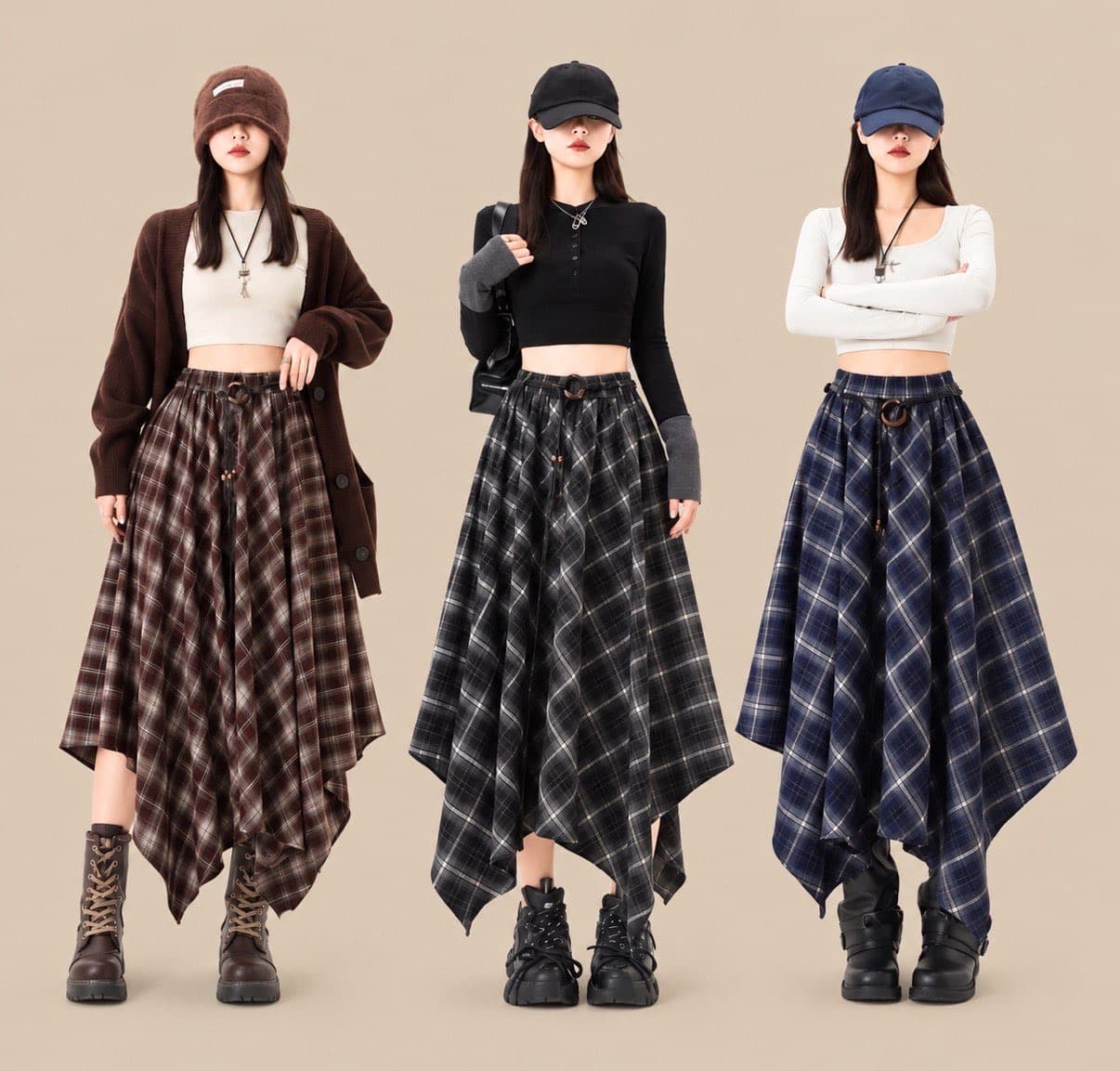 Plaid Asymmetric Hem Midi Skirt