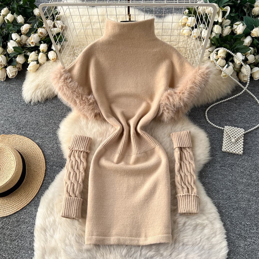Faux Fur Trim Knit Dress – image 4