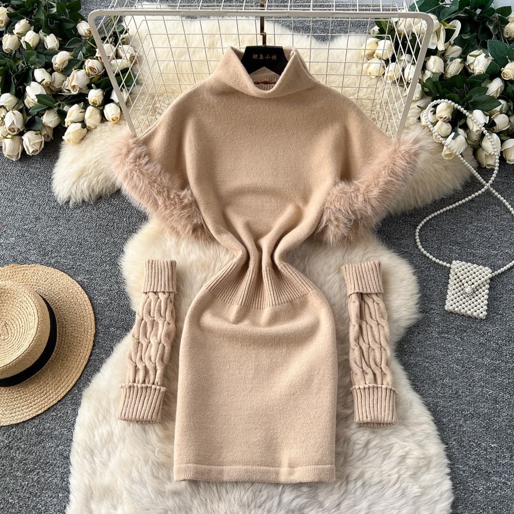 Faux Fur Trim Knit Dress