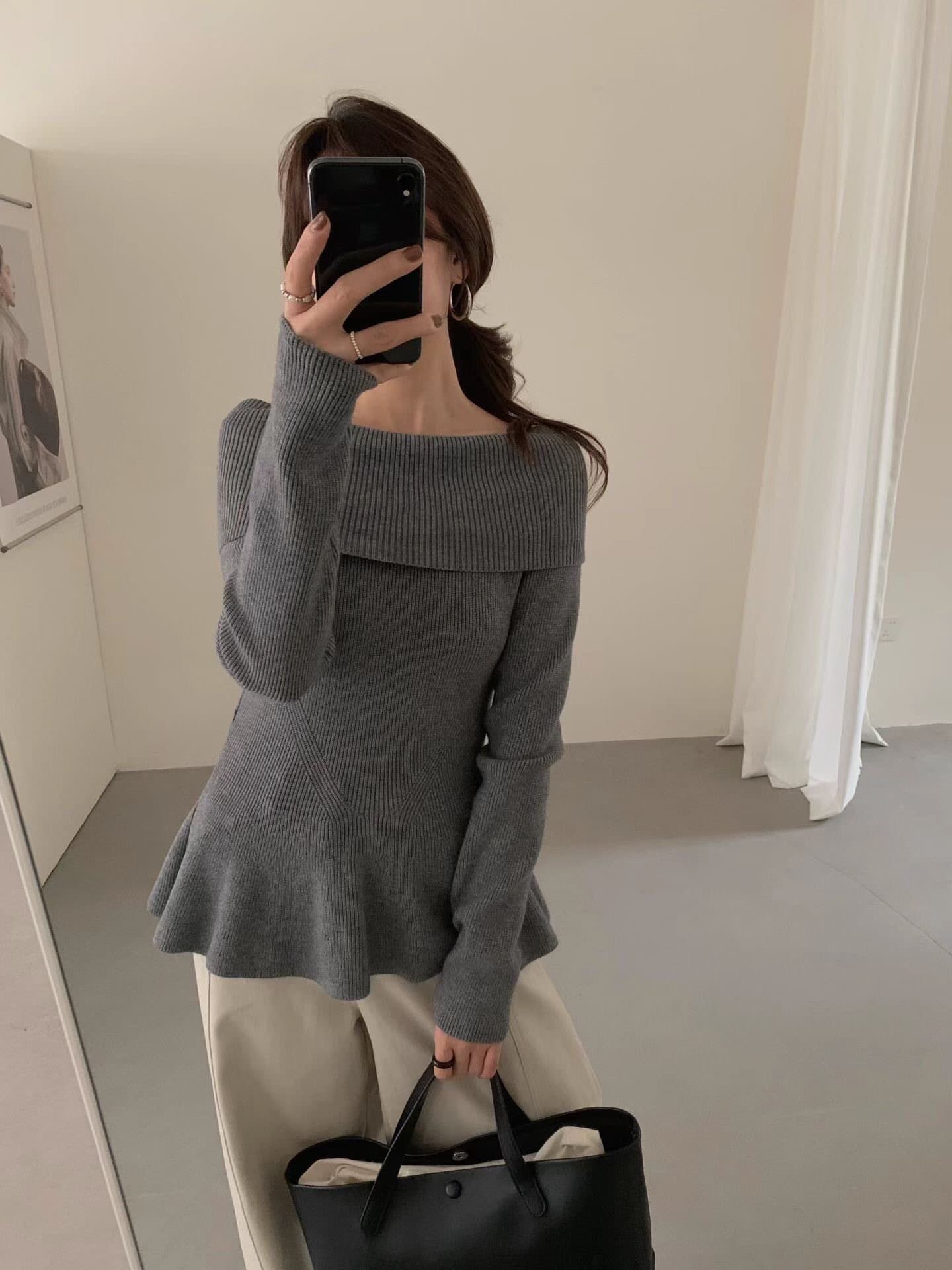 Off-Shoulder Ribbed Peplum Knit Top – image 3