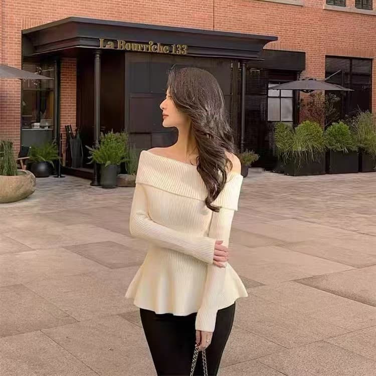 Off-Shoulder Ribbed Peplum Knit Top