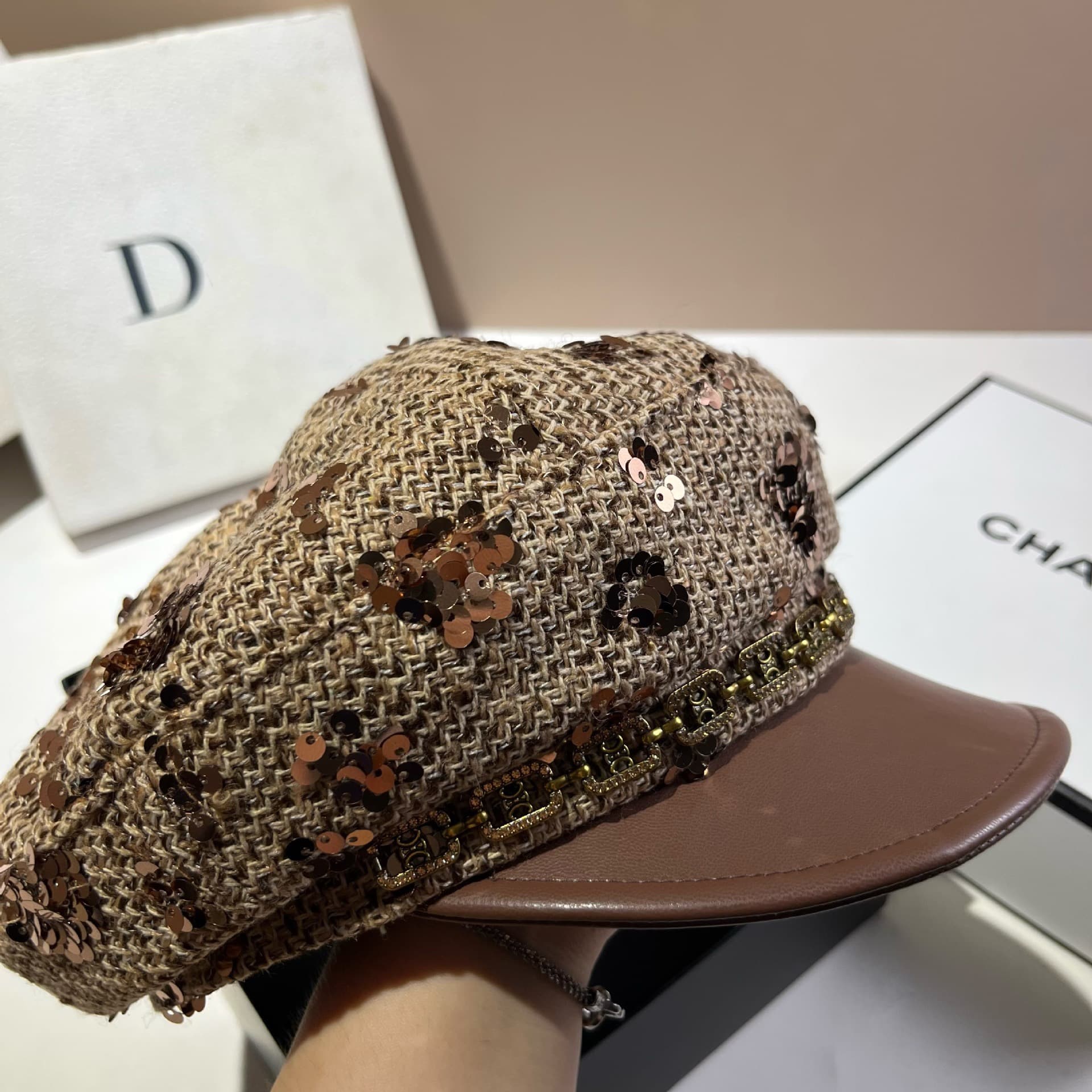 Sequin Embellished Tweed Baker Boy Cap – image 5