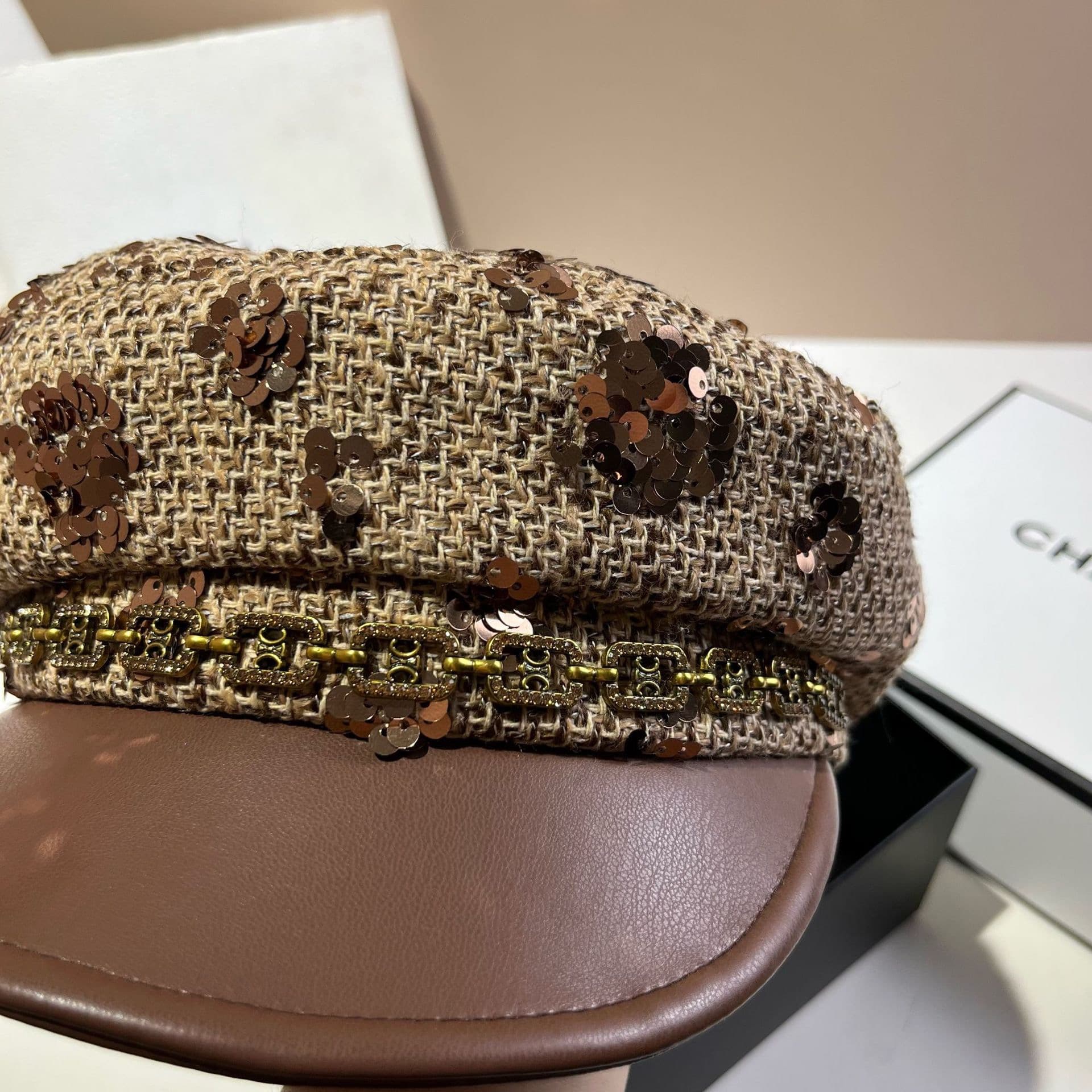 Sequin Embellished Tweed Baker Boy Cap – image 4