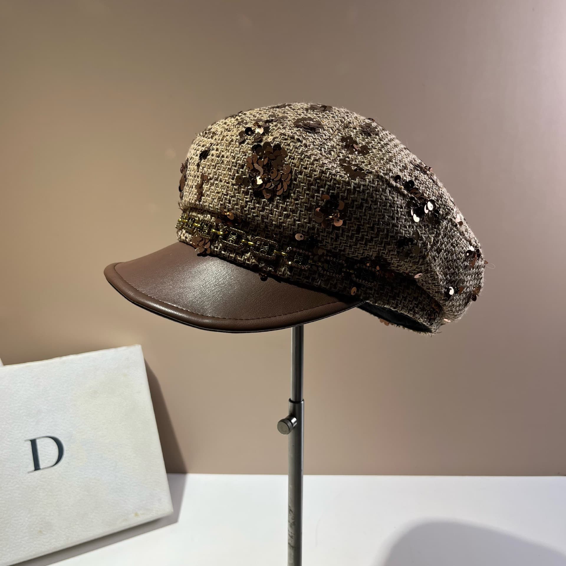 Sequin Embellished Tweed Baker Boy Cap – image 2