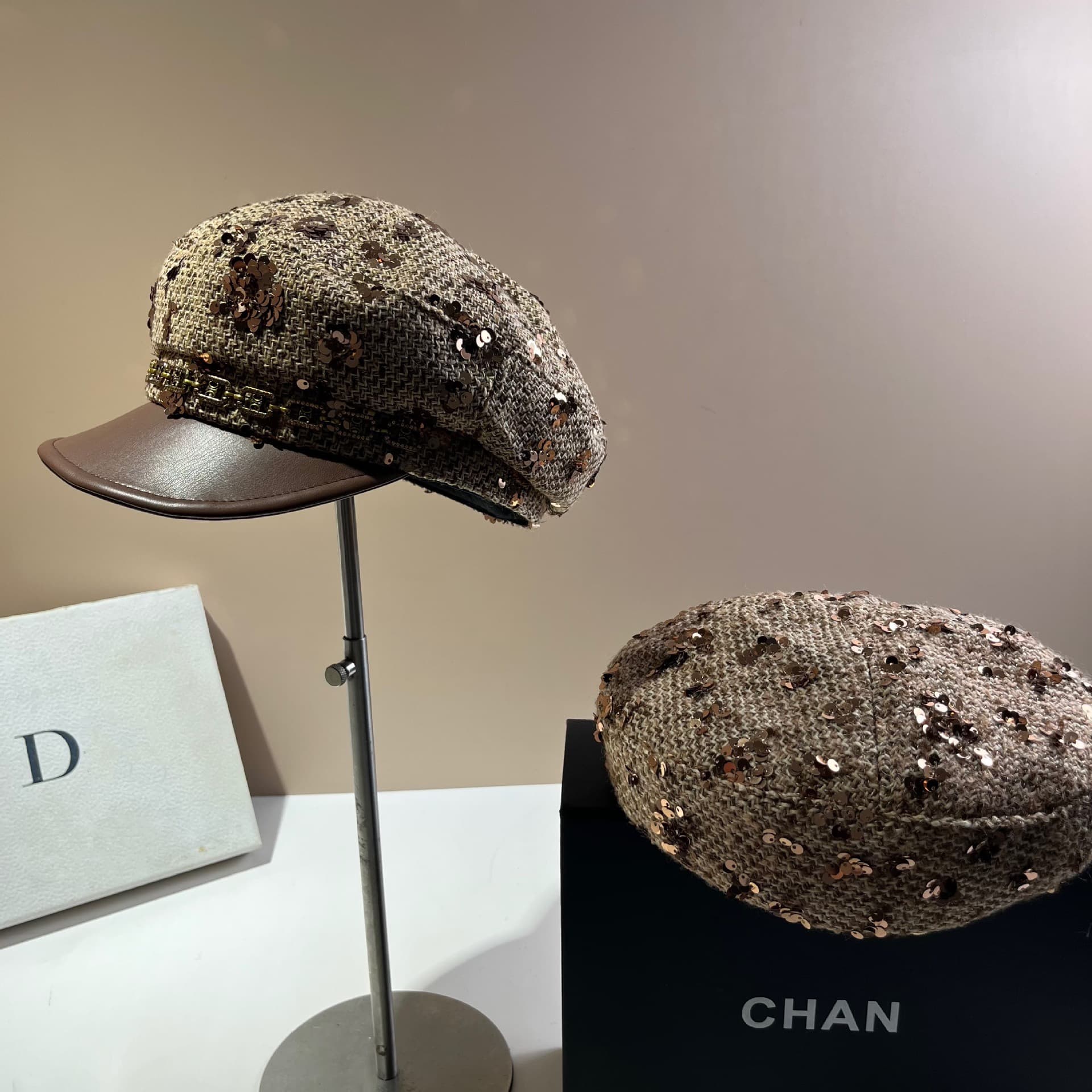Sequin Embellished Tweed Baker Boy Cap