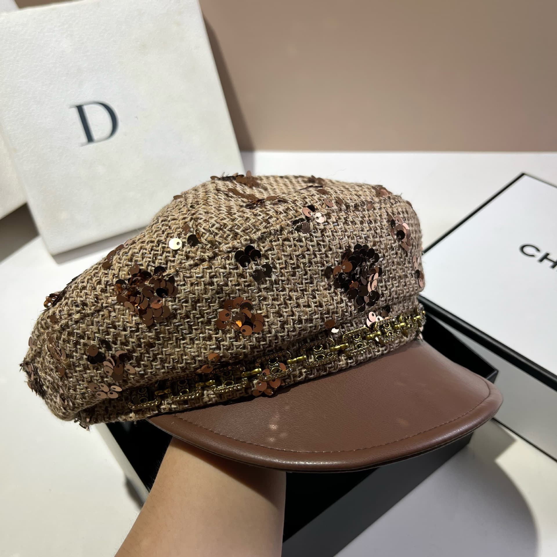 Sequin Embellished Tweed Baker Boy Cap – image 3