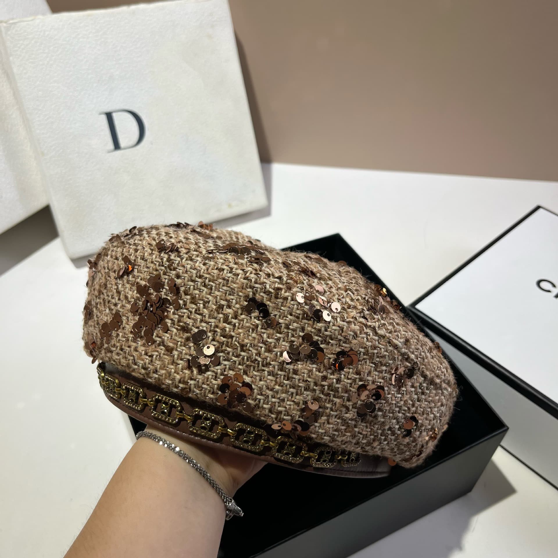 Sequin Embellished Tweed Baker Boy Cap – image 8