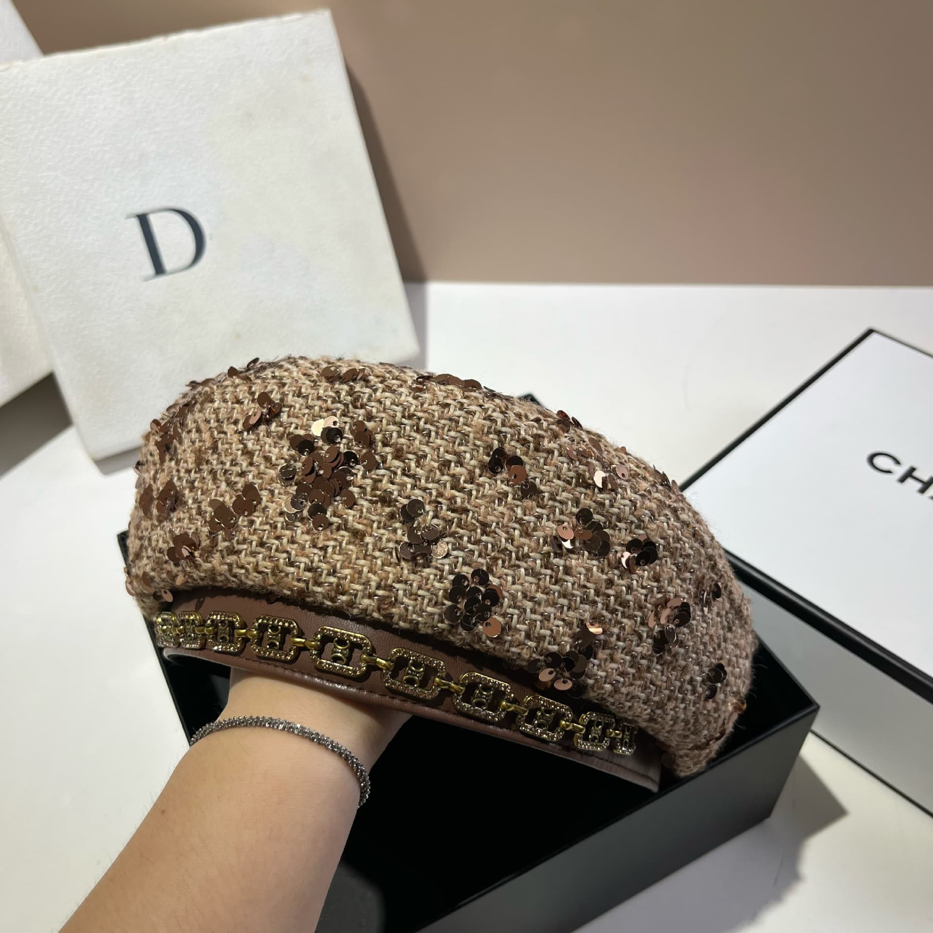 Sequin Embellished Tweed Baker Boy Cap – image 6