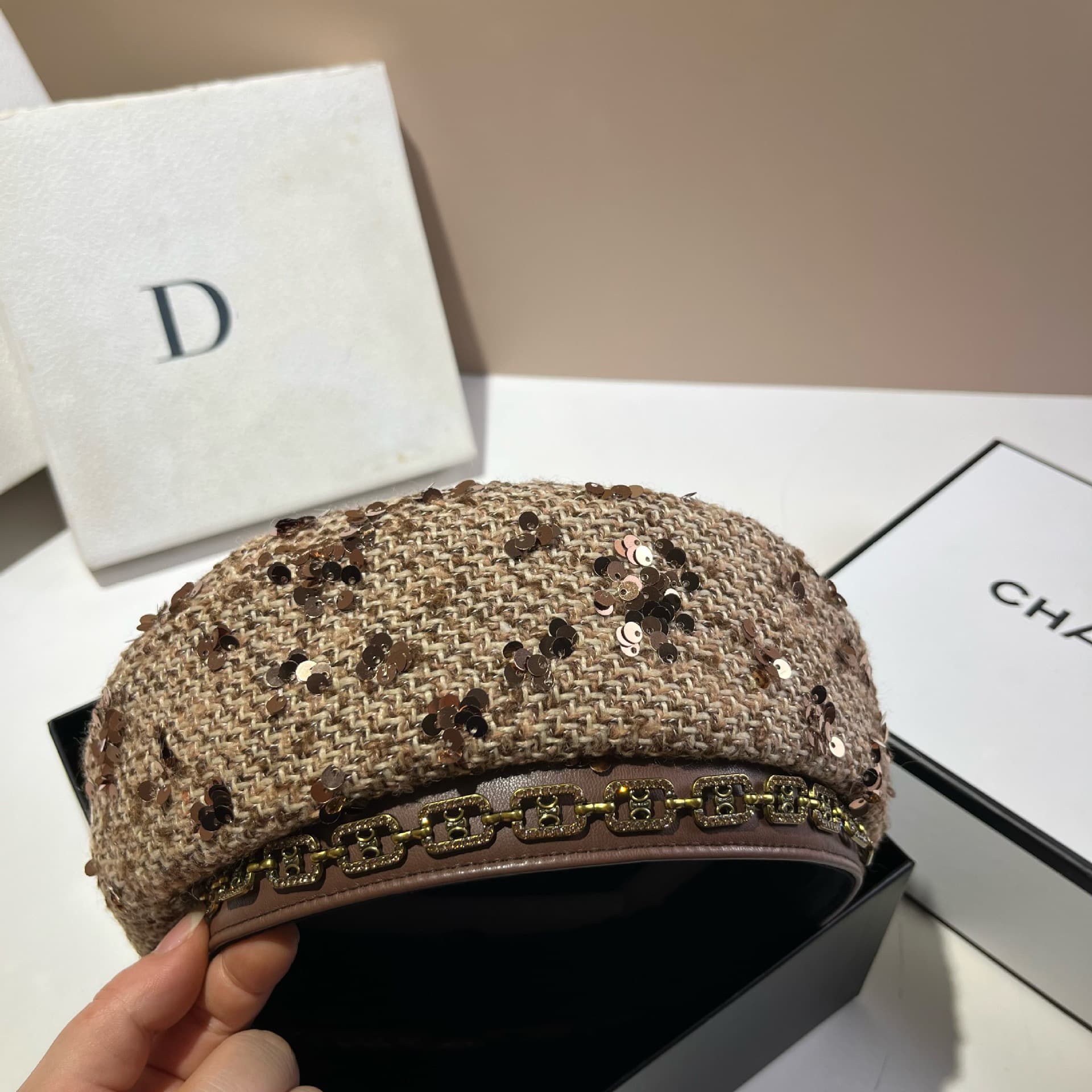 Sequin Embellished Tweed Baker Boy Cap – image 7