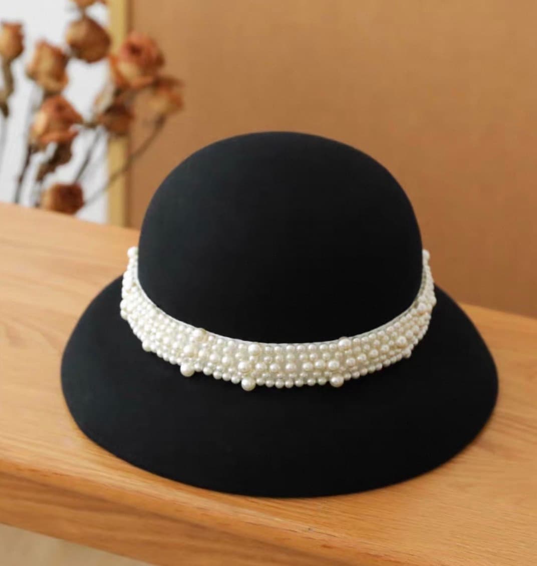 Pearl Embellished Black Felt Hat – image 3