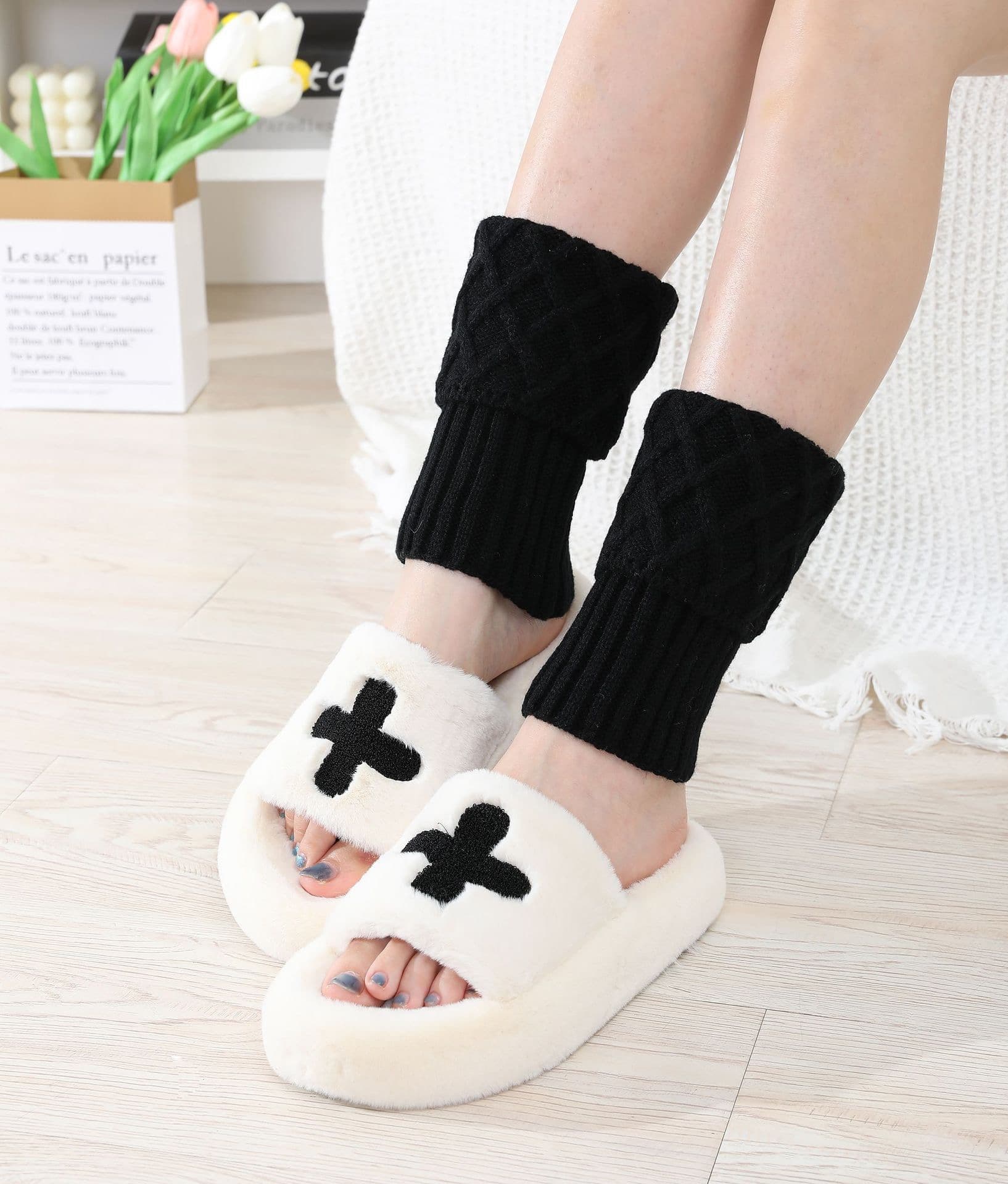 Plush Cross Detail Slippers – image 3