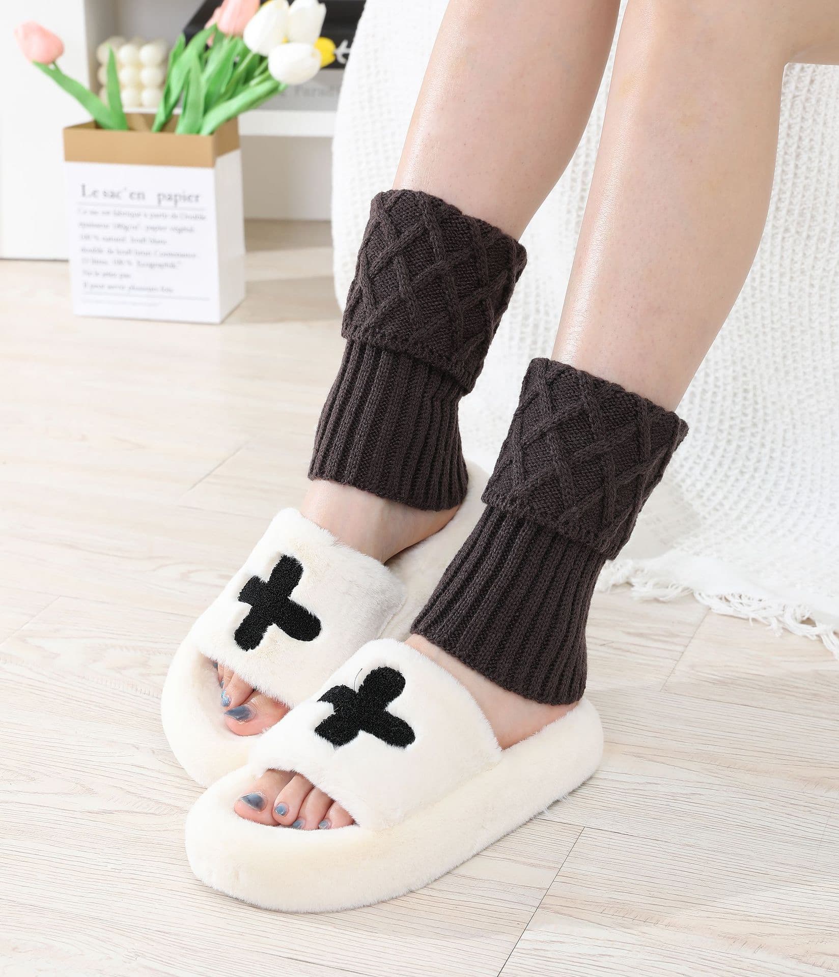 Plush Cross Detail Slippers – image 2
