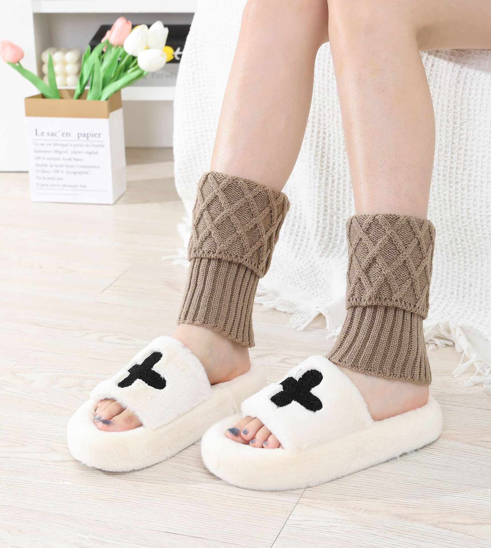 Plush Cross Detail Slippers