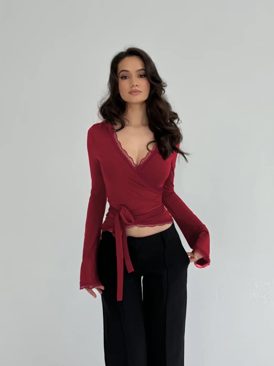 Lace Trim Wrap Tie Top – image 5