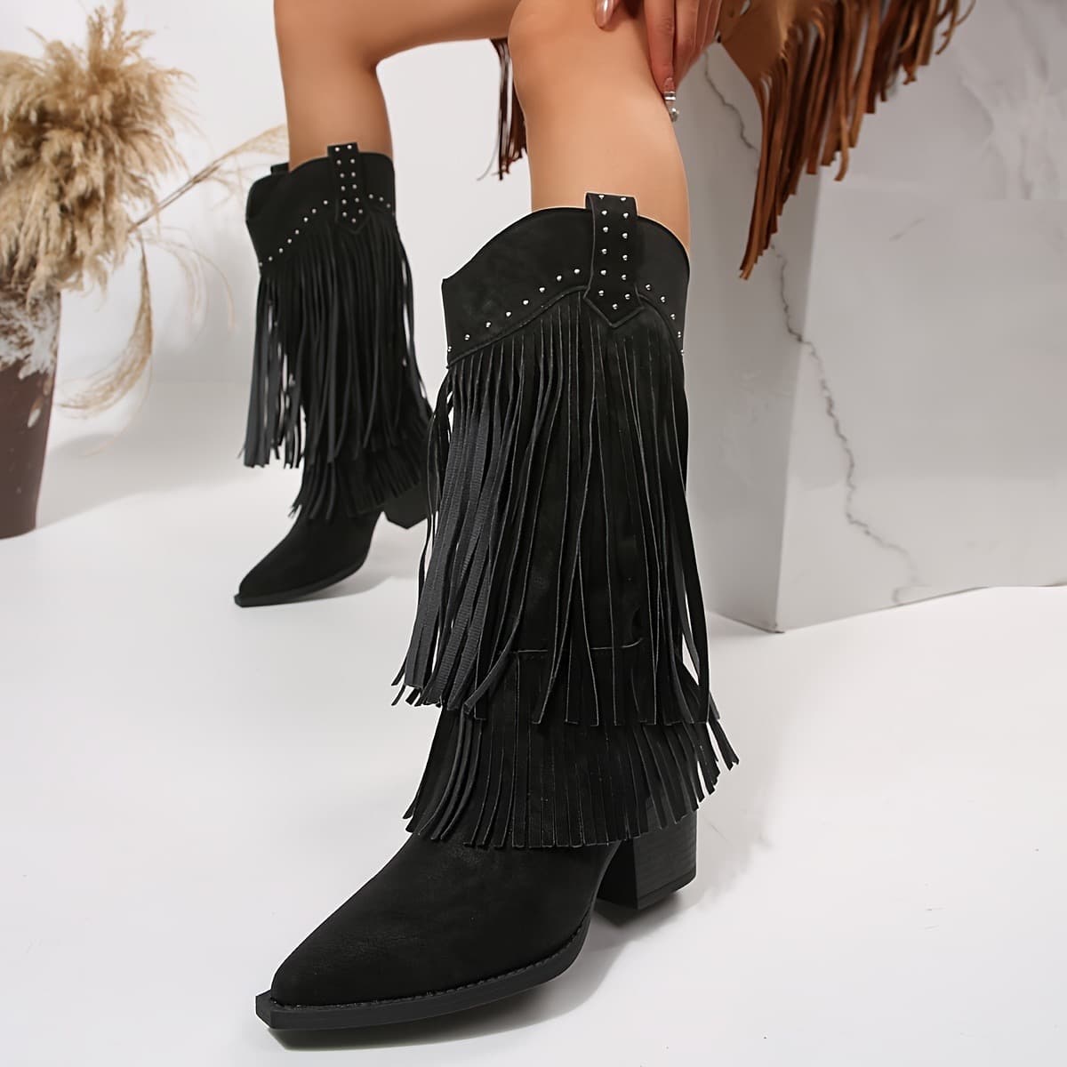 Fringed Studded Western Boots