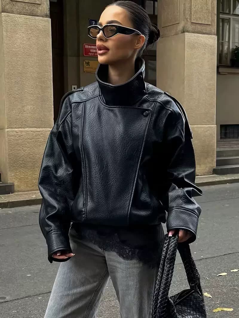 Faux Leather Oversized Bomber Jacket