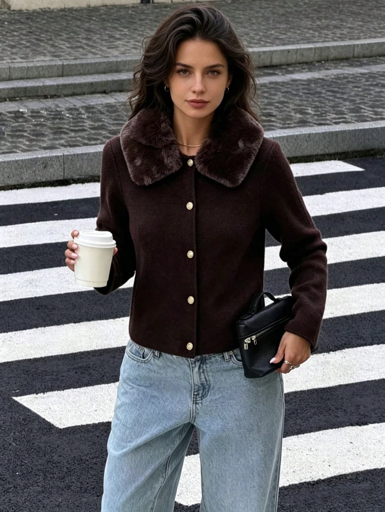 Faux Fur Collar Knit Cardigan