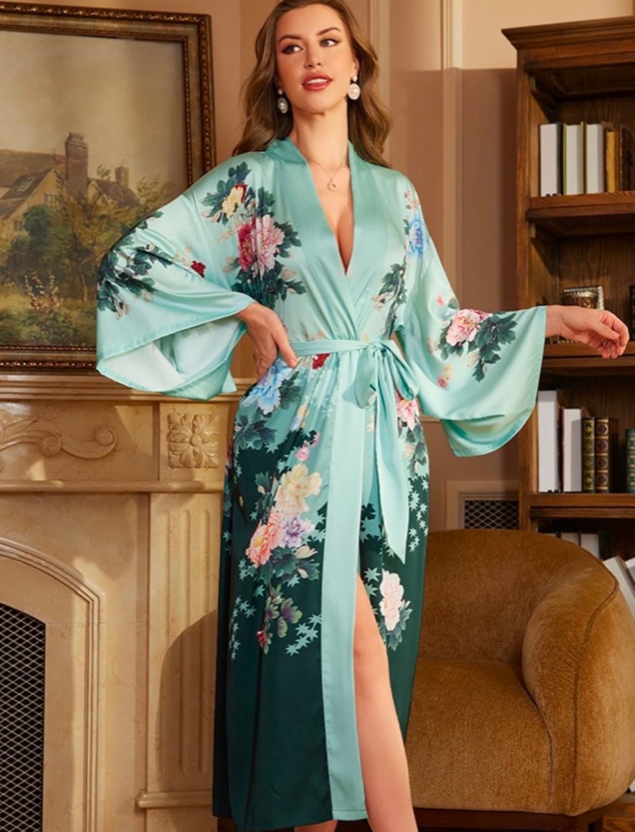 Elegant Satin Floral Robe – image 5
