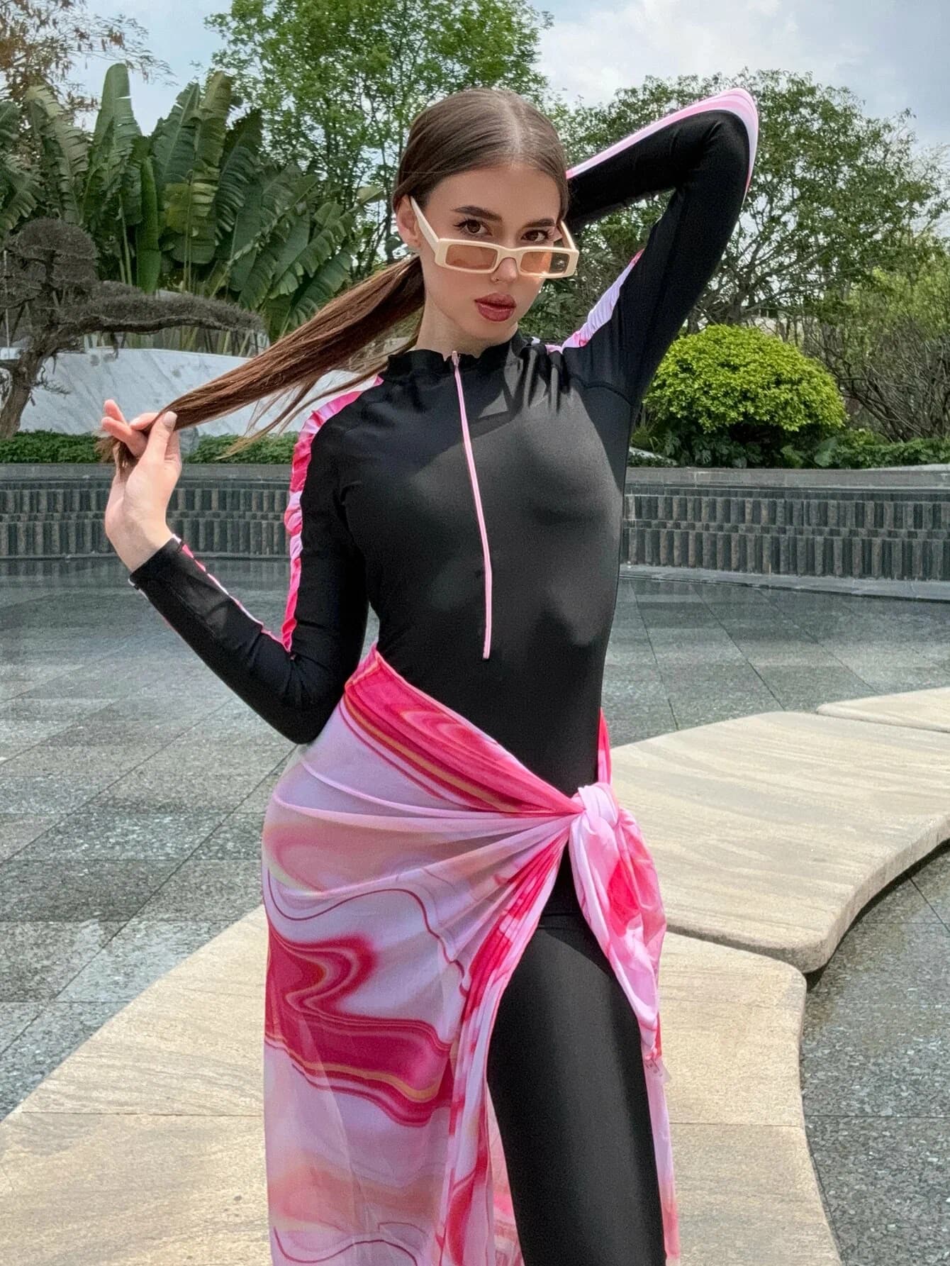 Marble Print Long Sleeve Swimsuit – image 3