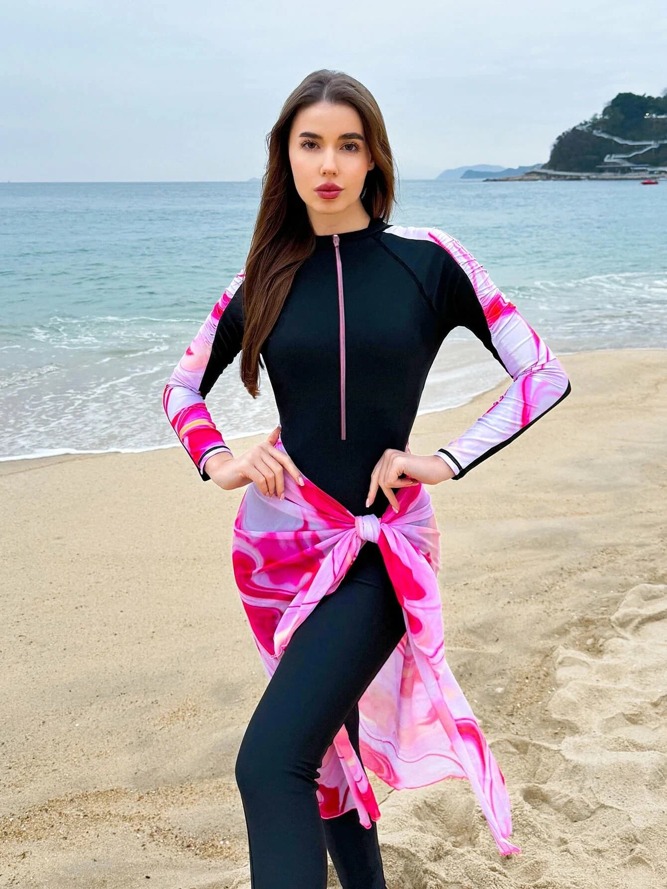 Marble Print Long Sleeve Swimsuit