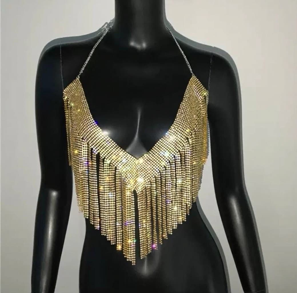 Sparkling Rhinestone Fringe Halter Top – image 3