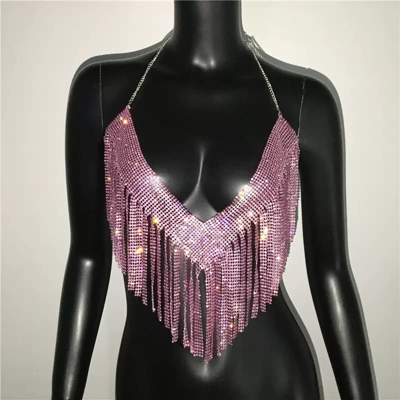 Sparkling Rhinestone Fringe Halter Top – image 6