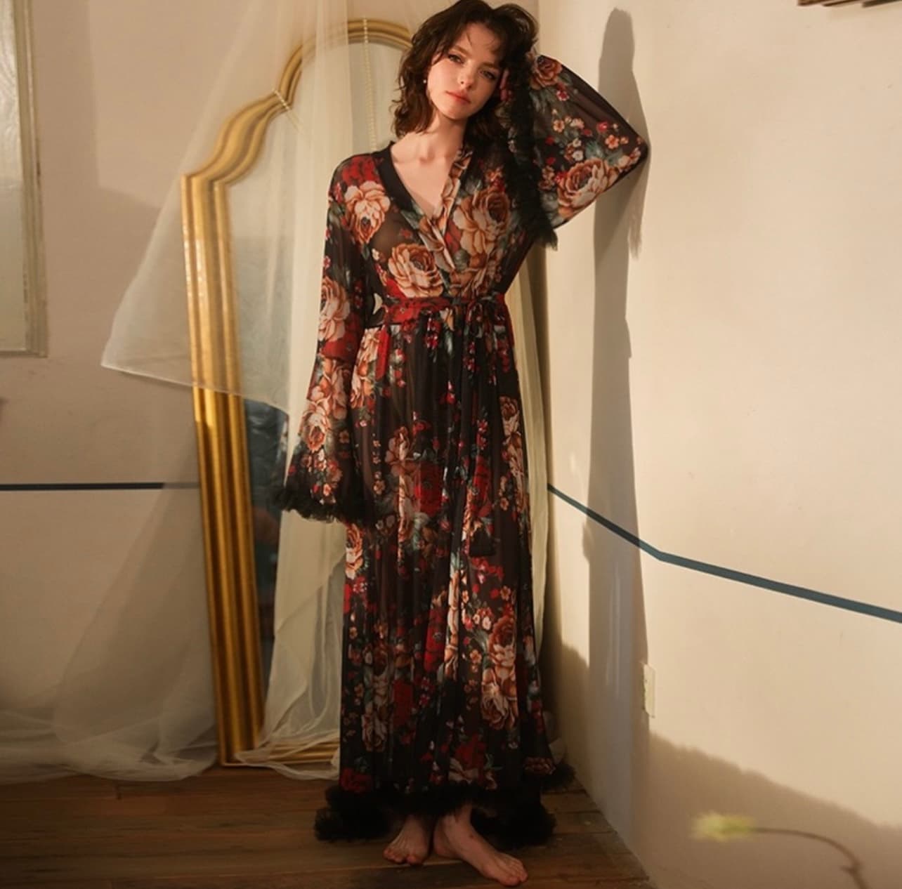 Floral Sheer Ruffle Trim Robe – image 3