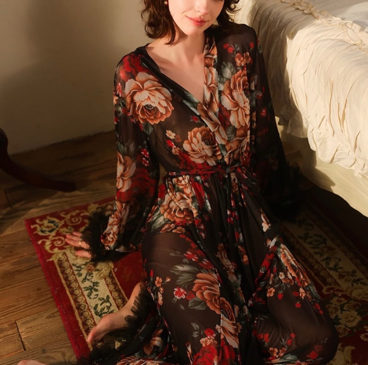 Floral Sheer Ruffle Trim Robe – image 5