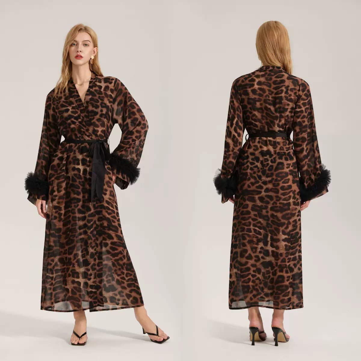 Leopard Print Feather Trim Robe – image 3
