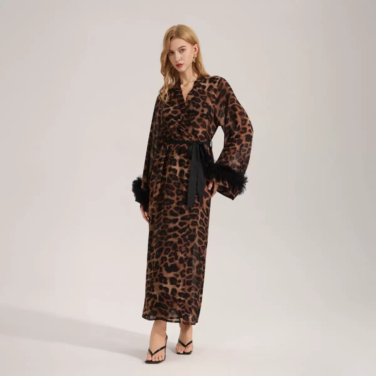 Leopard Print Feather Trim Robe