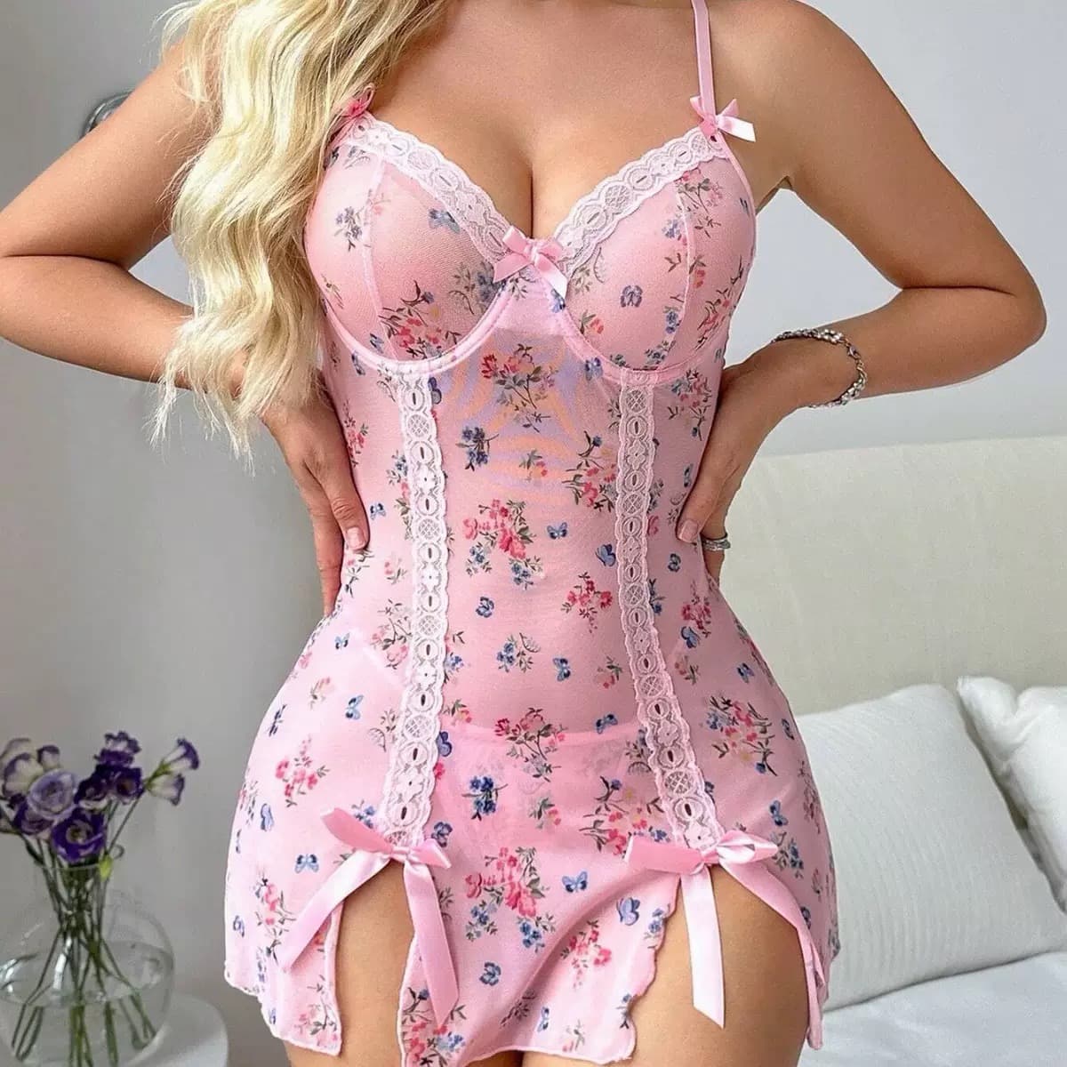 Floral Lace Trim Mini Nightgown – image 3