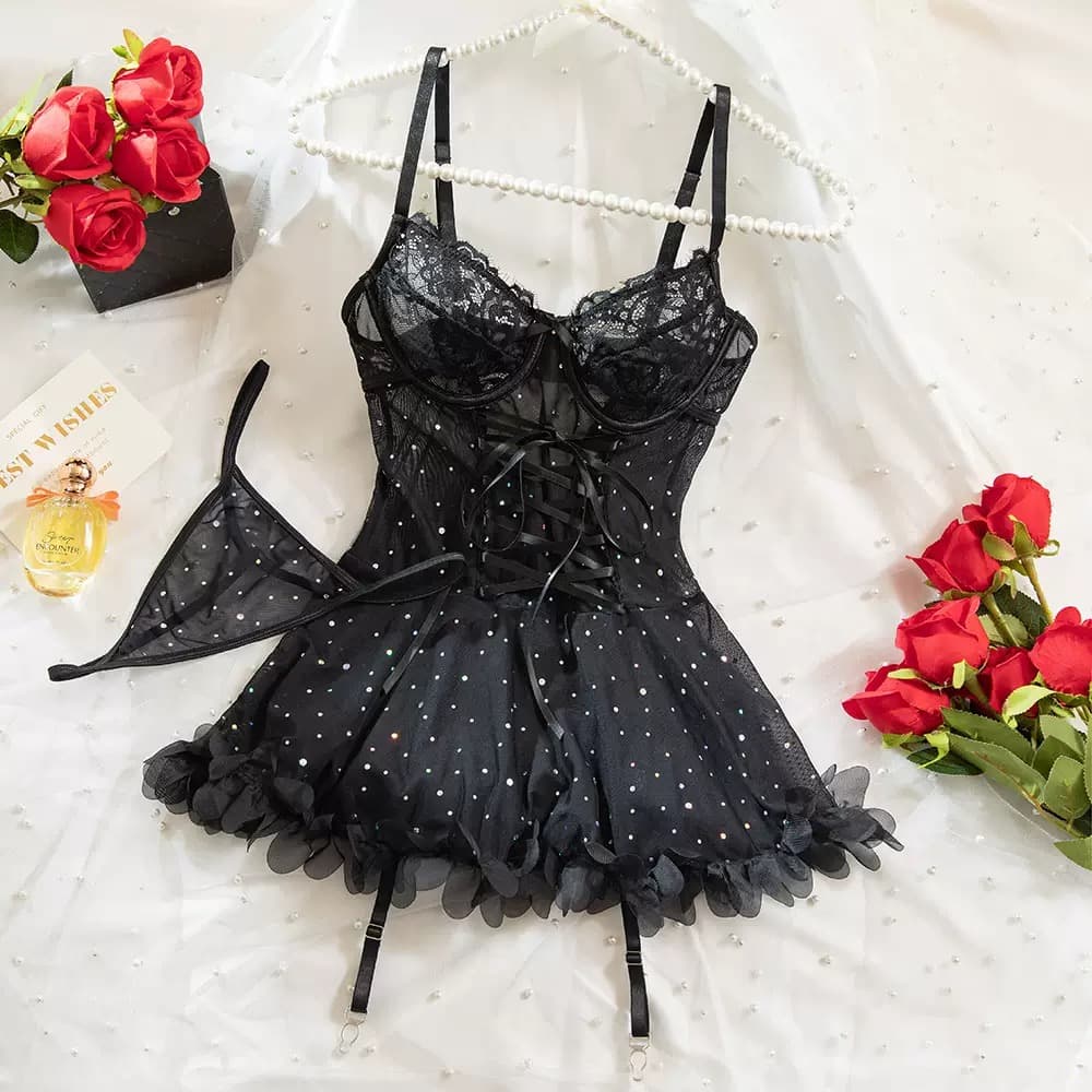 Rhinestone Embellished Lace Corset Lingerie – image 5