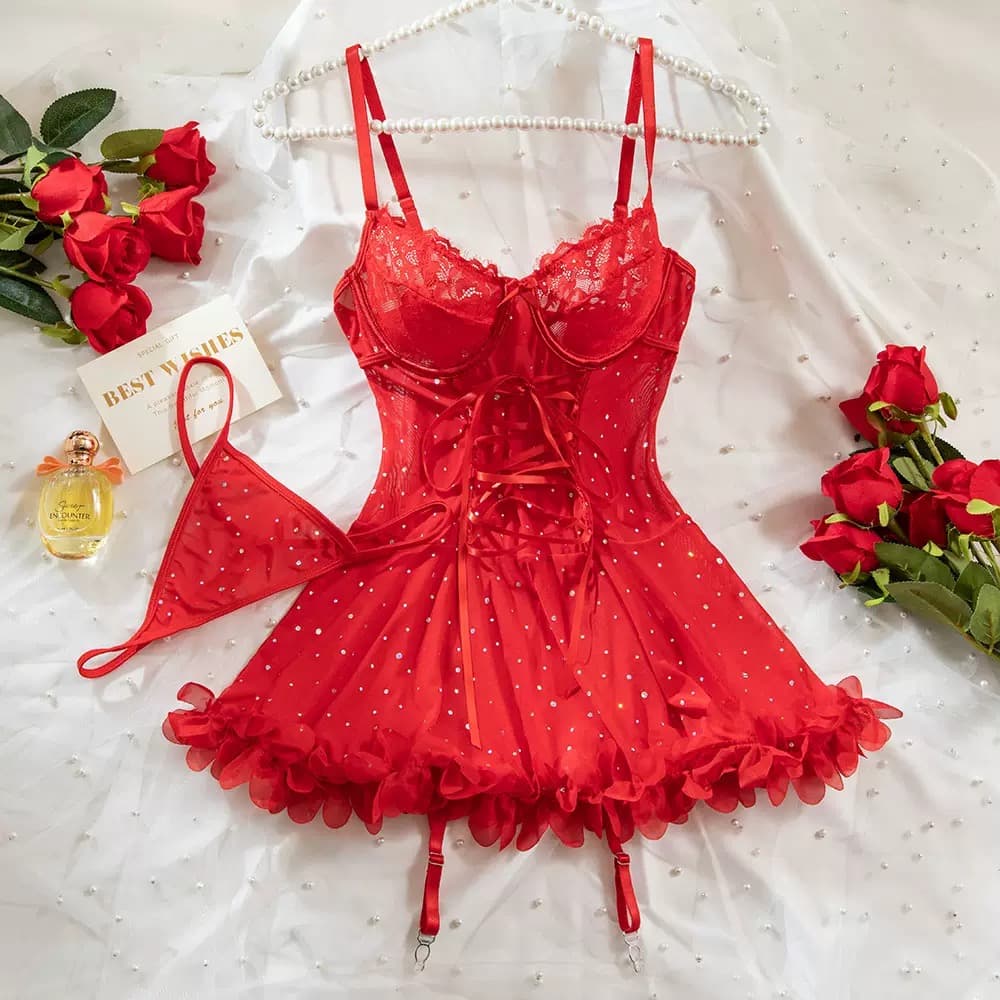 Rhinestone Embellished Lace Corset Lingerie
