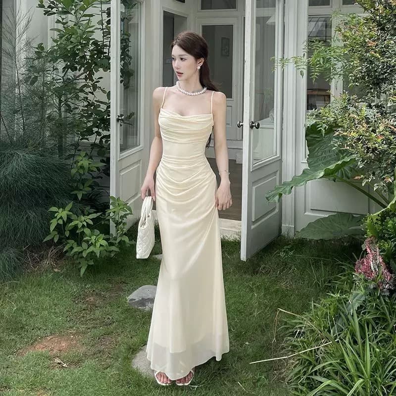 Ruched Mesh Slip Maxi Dress