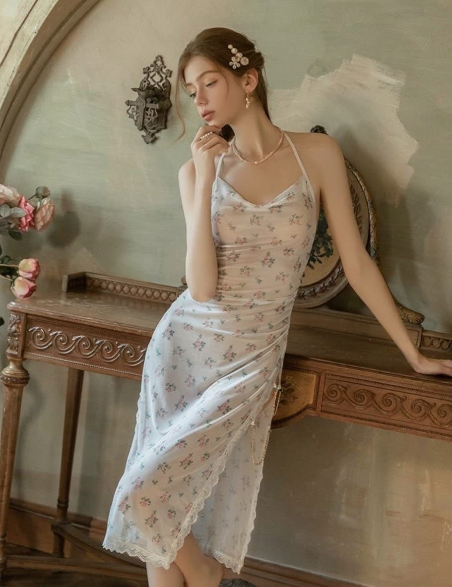 Floral Lace Trim Halter Dress