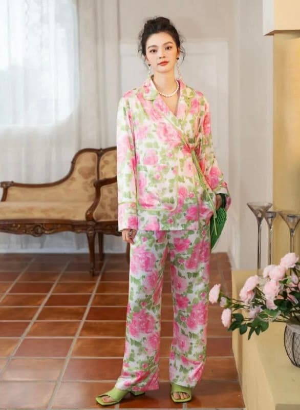 Floral Satin Wrap Pajama Set – image 2