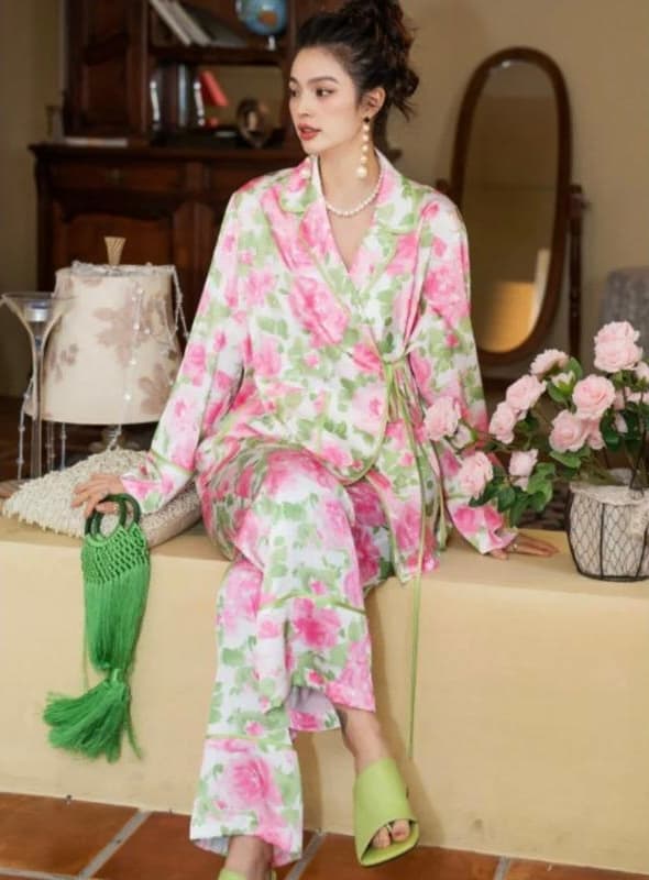 Floral Satin Wrap Pajama Set