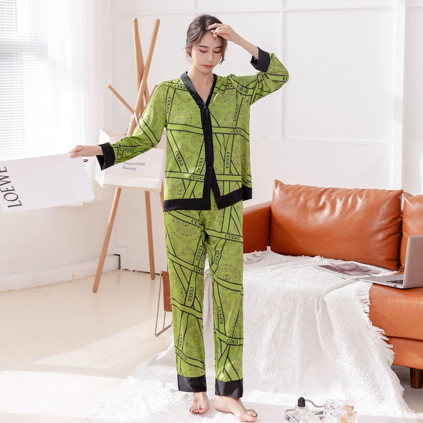 Printed Satin Button-Down Pajama Set – image 6